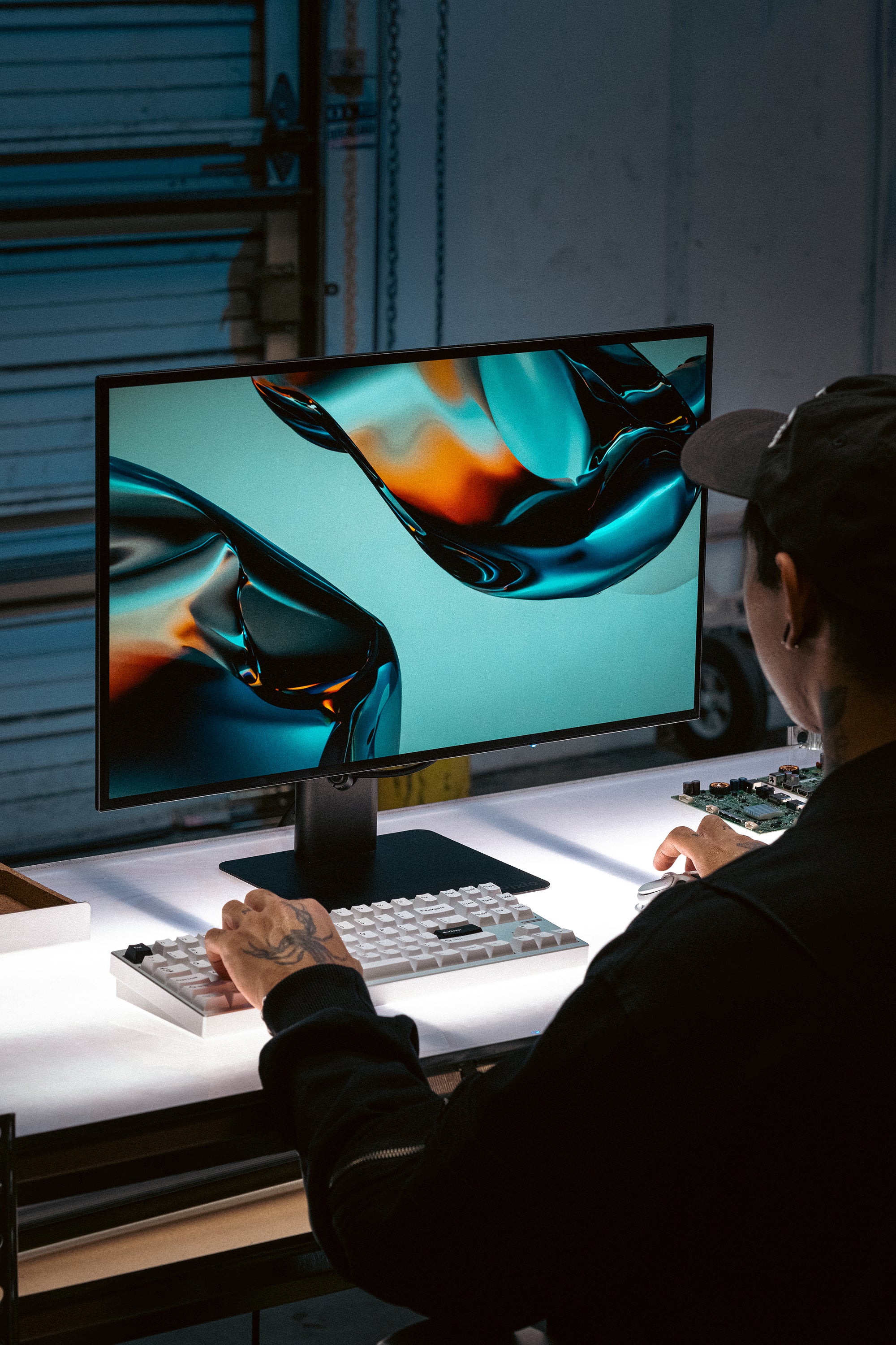 PX277OLEDMAXV2, 27 In. Luma OLED Aura (Gen 2), Lifestyle, Desk setup, industrial, male model